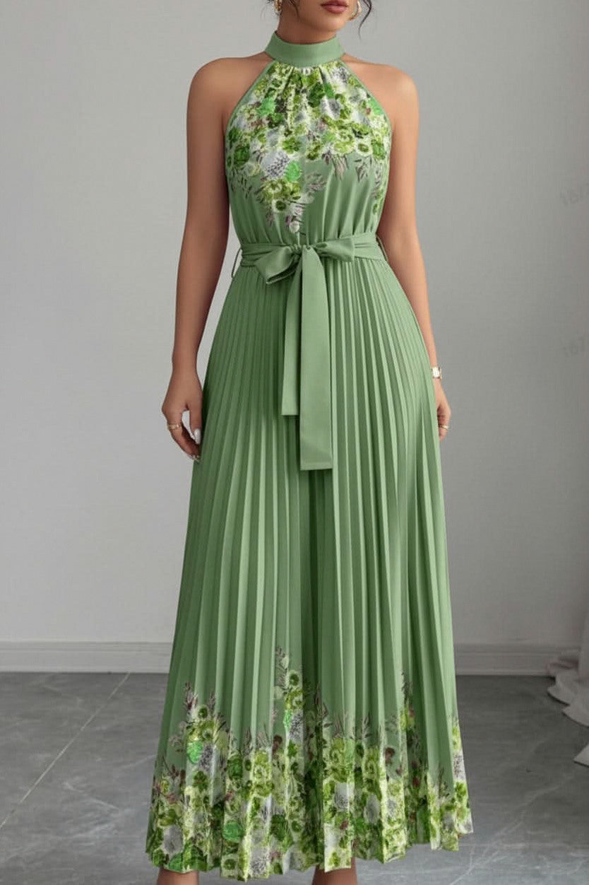 Floral Halter Pleated Maxi Dress