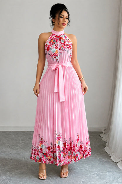 Floral Halter Pleated Maxi Dress