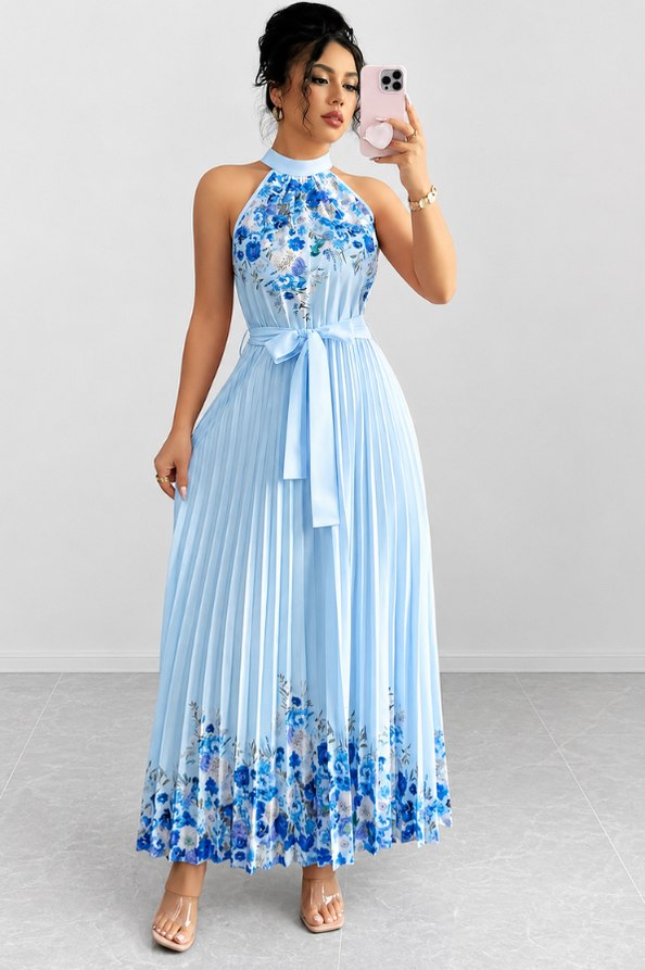 Floral Halter Pleated Maxi Dress