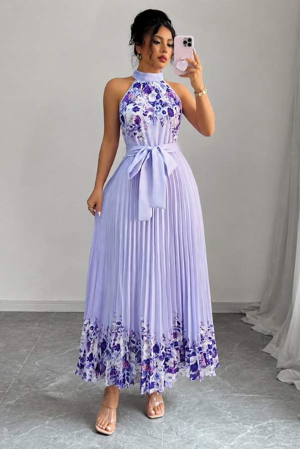 Floral Halter Pleated Maxi Dress