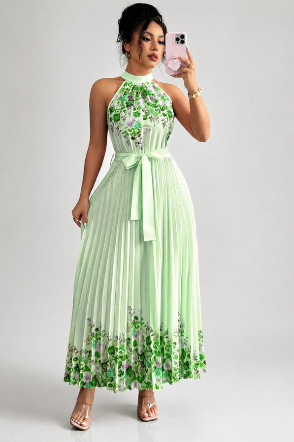 Floral Halter Pleated Maxi Dress