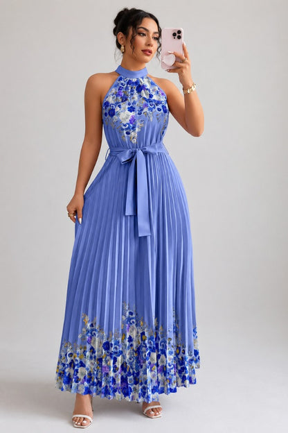 Floral Halter Pleated Maxi Dress