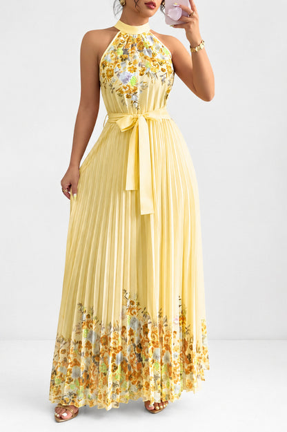 Floral Halter Pleated Maxi Dress