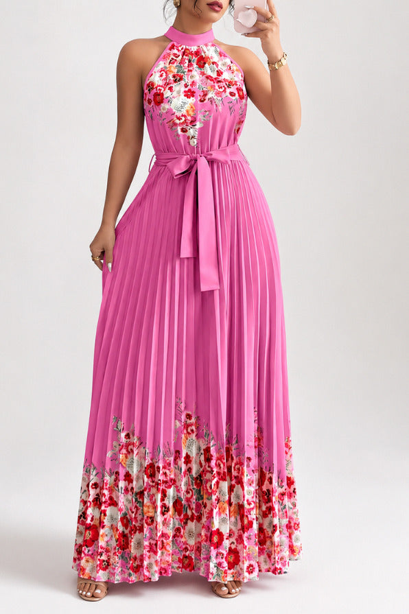 Floral Halter Pleated Maxi Dress