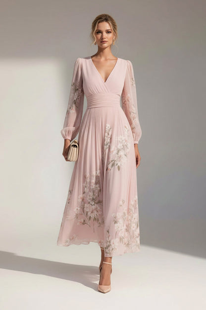 Floral Long Sleeve Pleated Chiffon Midi Dress