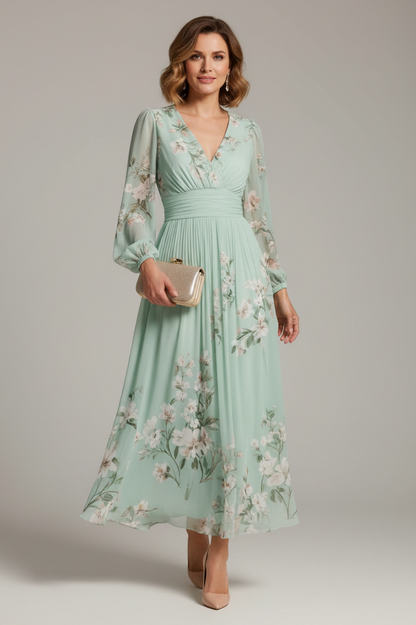 Floral Long Sleeve Pleated Chiffon Midi Dress