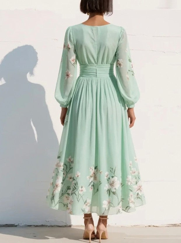 Floral Long Sleeve Pleated Chiffon Midi Dress