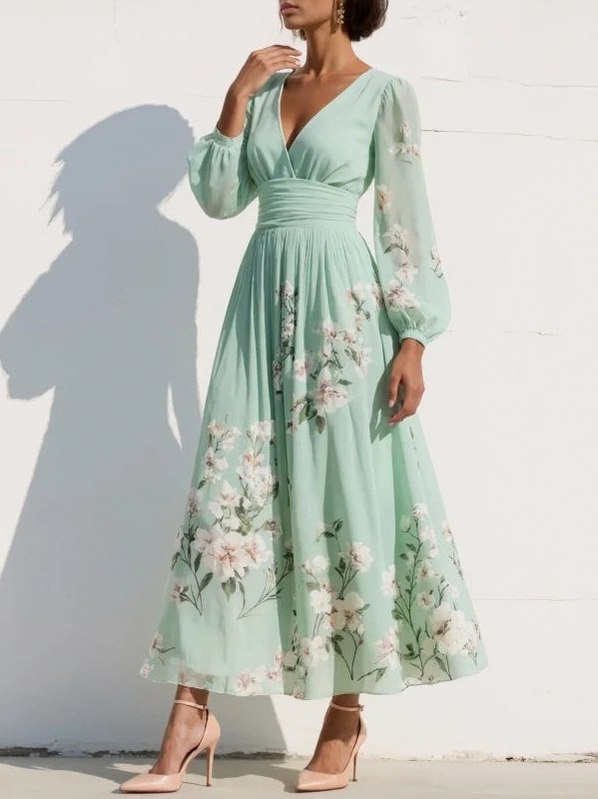 Floral Long Sleeve Pleated Chiffon Midi Dress