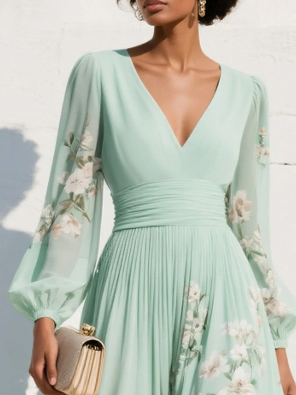 Floral Long Sleeve Pleated Chiffon Midi Dress
