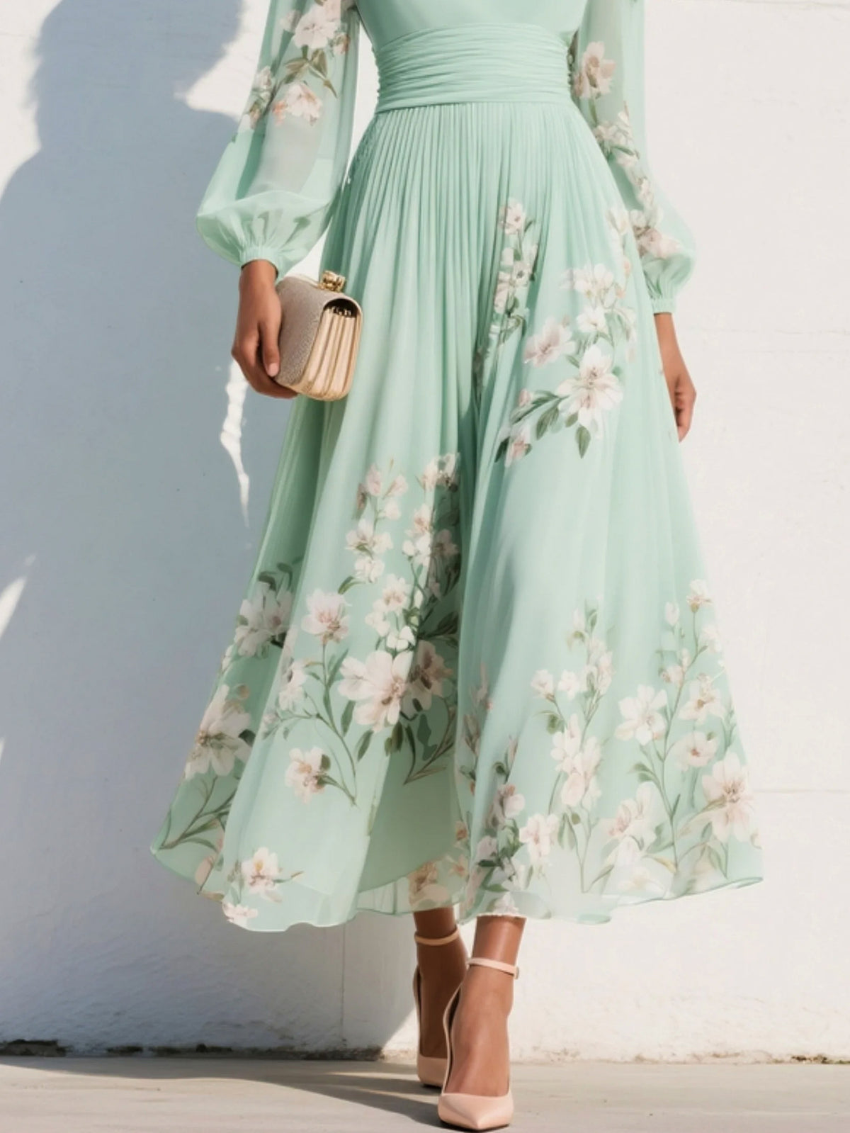 Floral Long Sleeve Pleated Chiffon Midi Dress