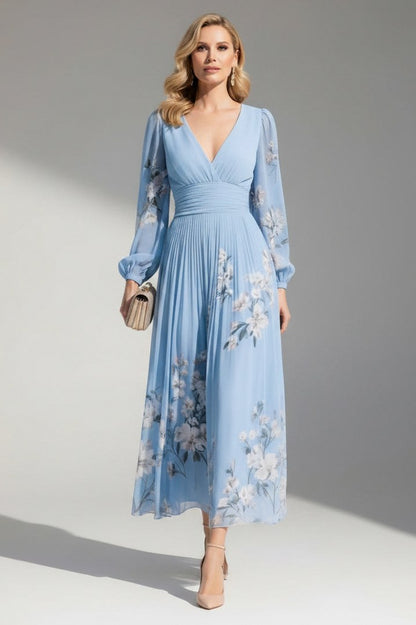 Floral Long Sleeve Pleated Chiffon Midi Dress