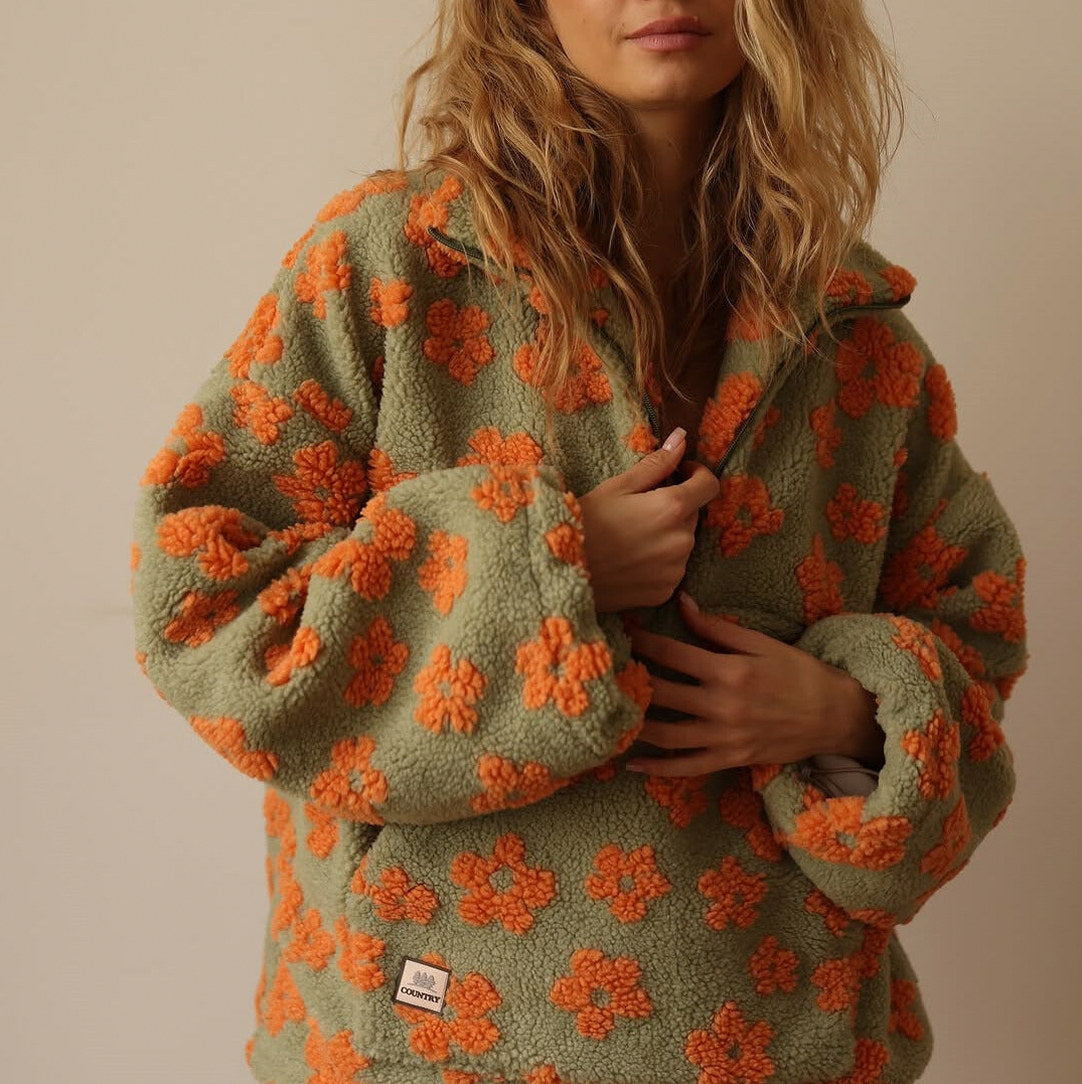 Floral Sherpa Fleece Half Zip Pullover