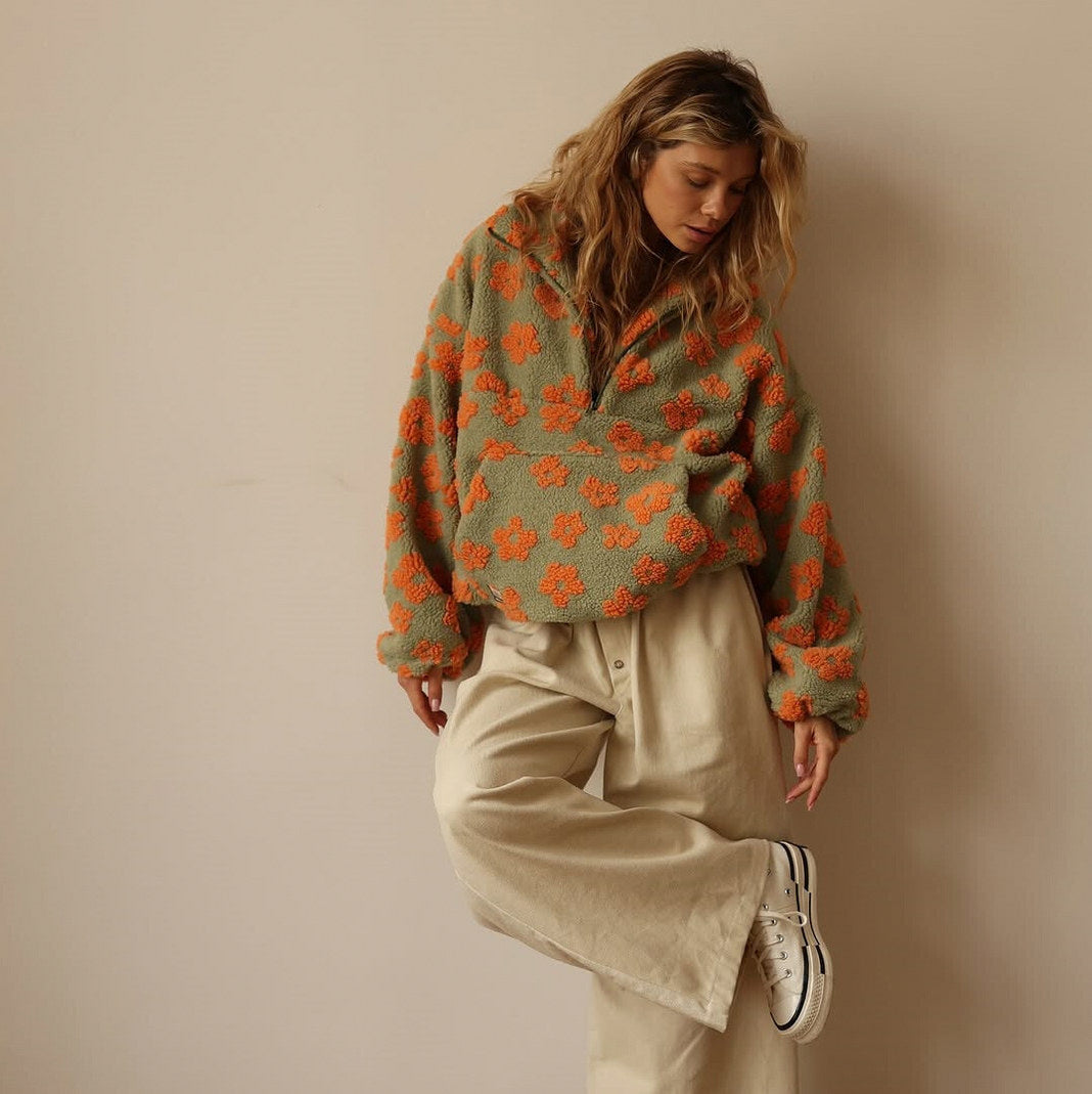 Floral Sherpa Fleece Half Zip Pullover
