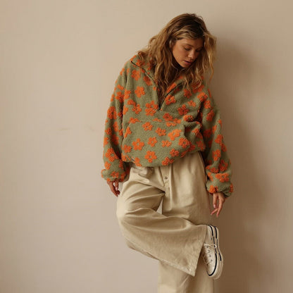 Floral Sherpa Fleece Half Zip Pullover