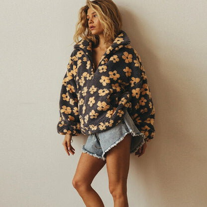 Floral Sherpa Fleece Half Zip Pullover