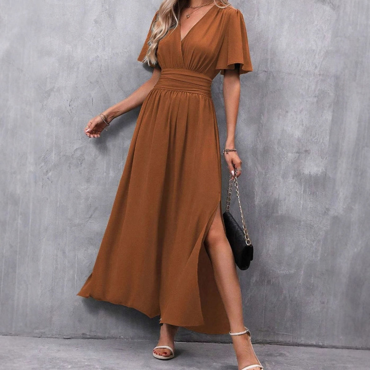 Flutter Sleeve Ruched Waist Maxi Dress