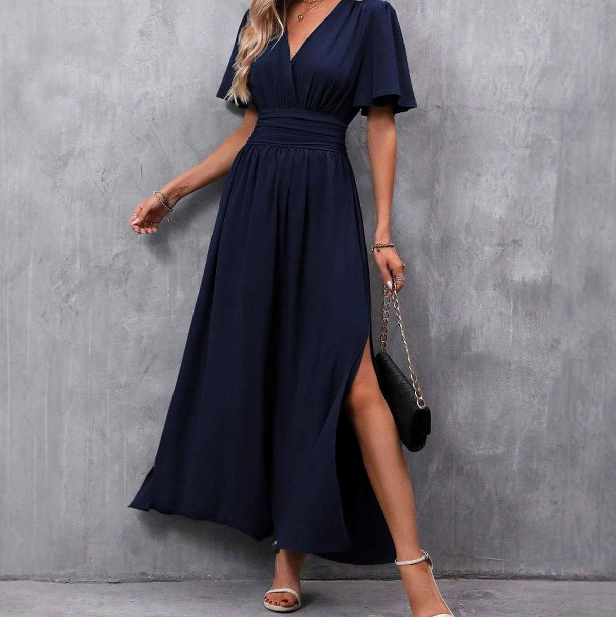 Flutter Sleeve Ruched Waist Maxi Dress