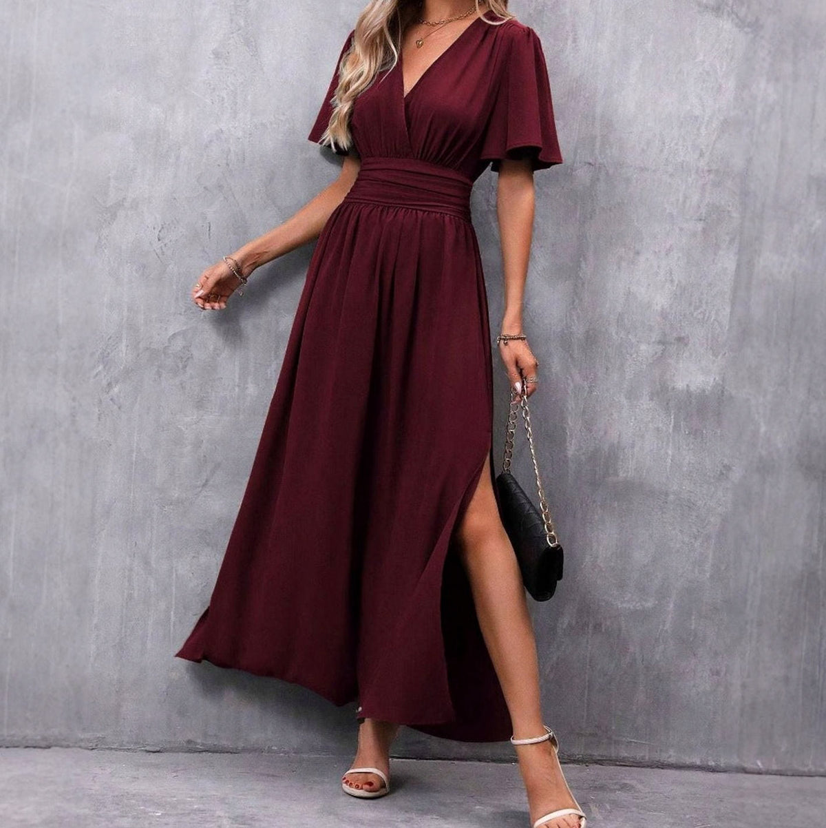 Flutter Sleeve Ruched Waist Maxi Dress