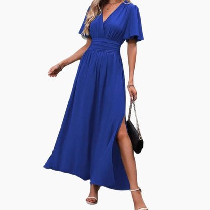 Flutter Sleeve Ruched Waist Maxi Dress