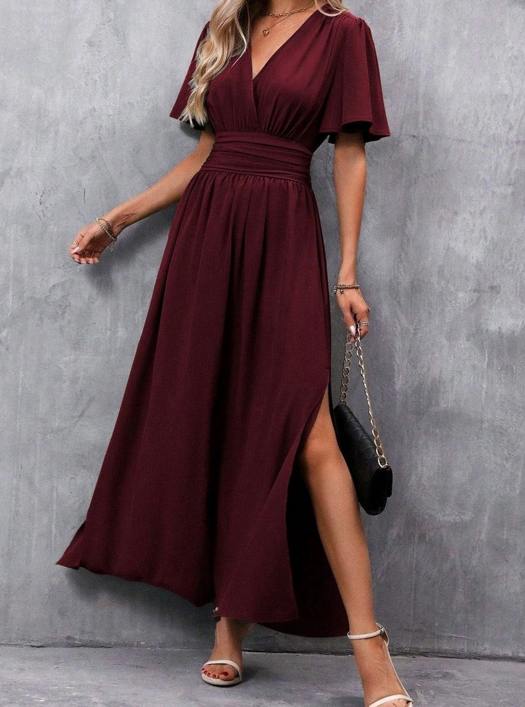 Flutter Sleeve Ruched Waist Maxi Dress