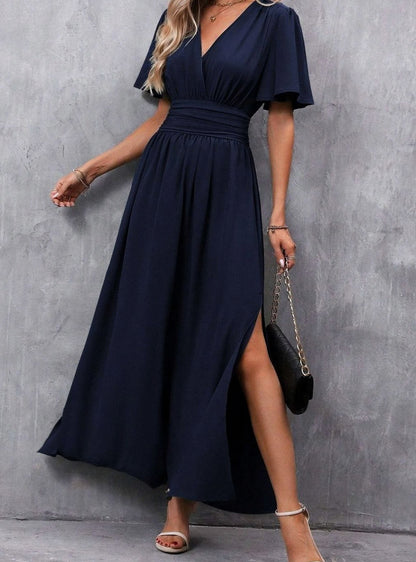 Flutter Sleeve Ruched Waist Maxi Dress