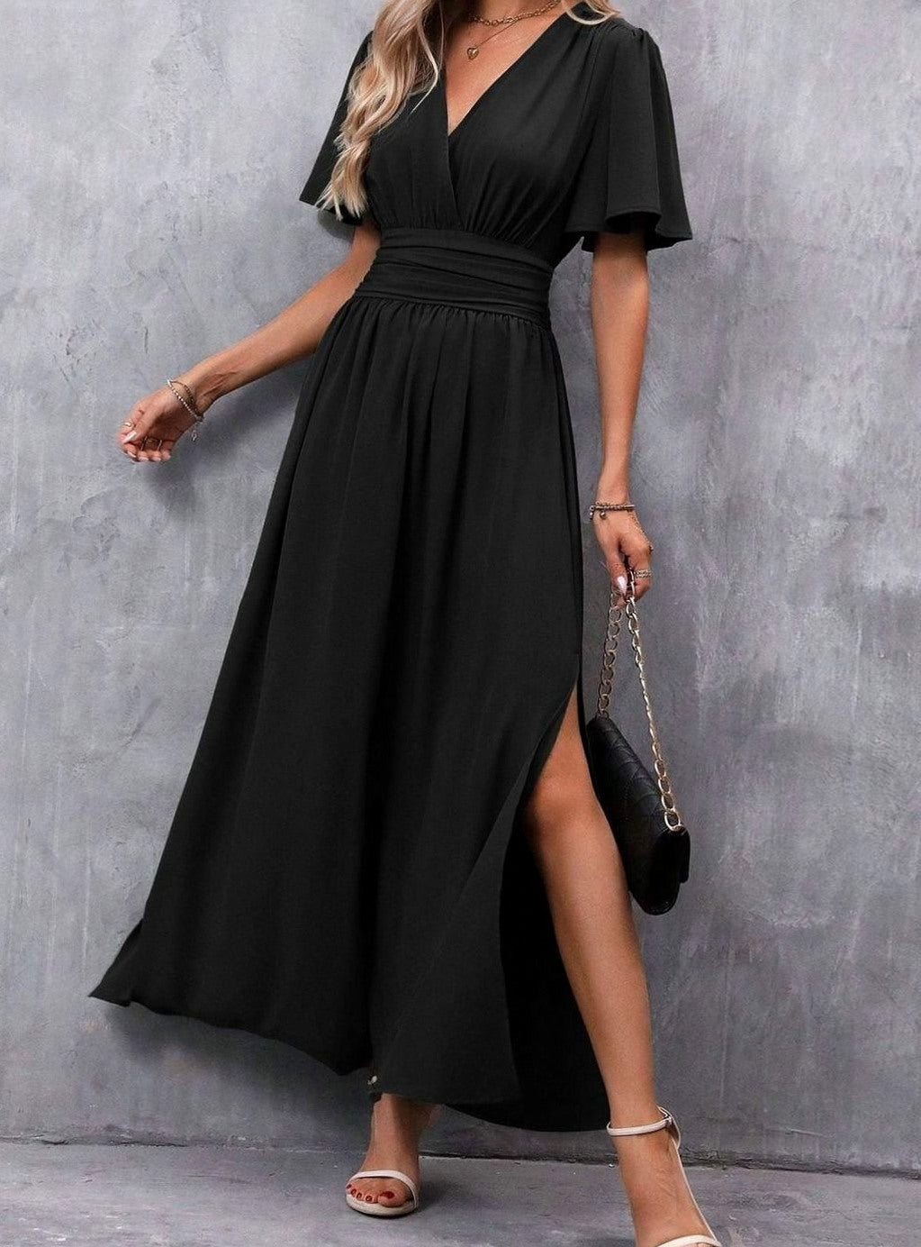 Flutter Sleeve Ruched Waist Maxi Dress