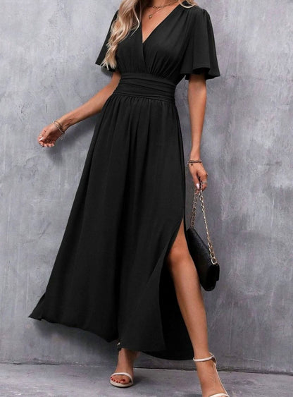 Flutter Sleeve Ruched Waist Maxi Dress