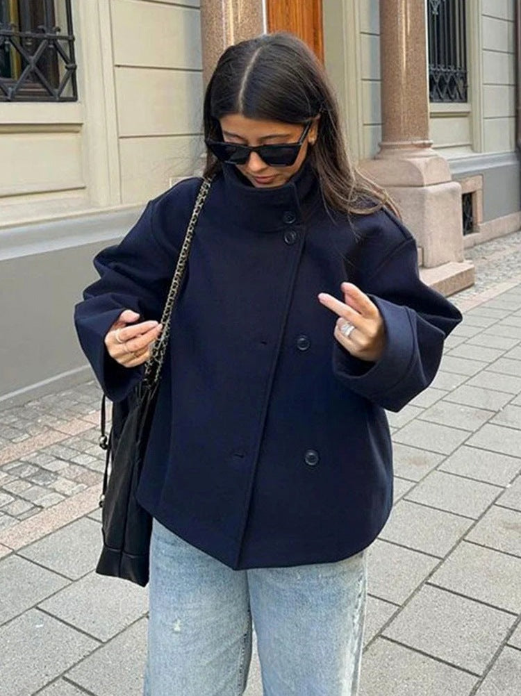 Funnel Neck Cropped Wool Jacket