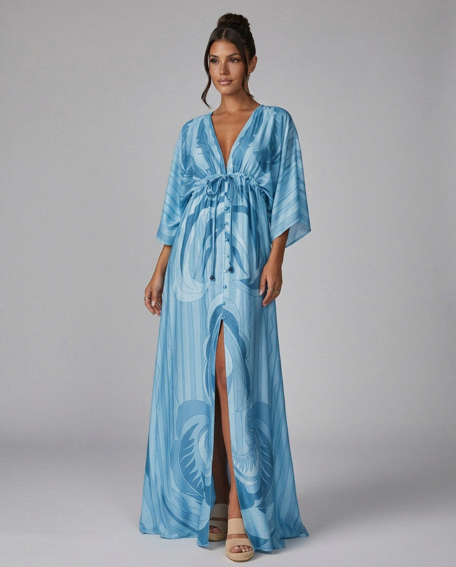 Geometric Satin Kimono Maxi Dress