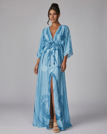 Geometric Satin Kimono Maxi Dress
