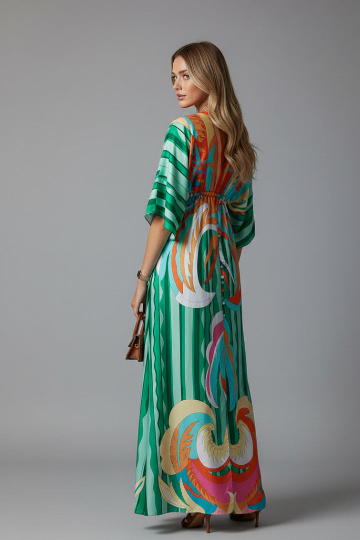Geometric Satin Kimono Maxi Dress