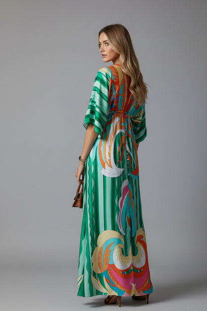 Geometric Satin Kimono Maxi Dress