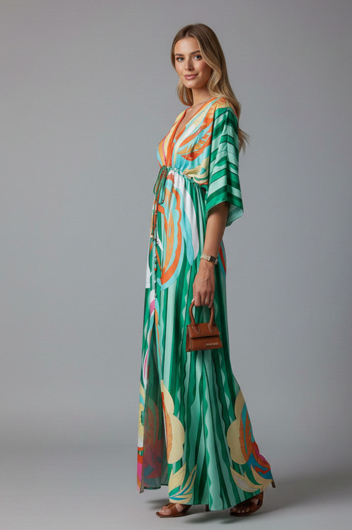 Geometric Satin Kimono Maxi Dress