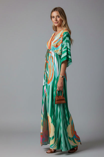 Geometric Satin Kimono Maxi Dress