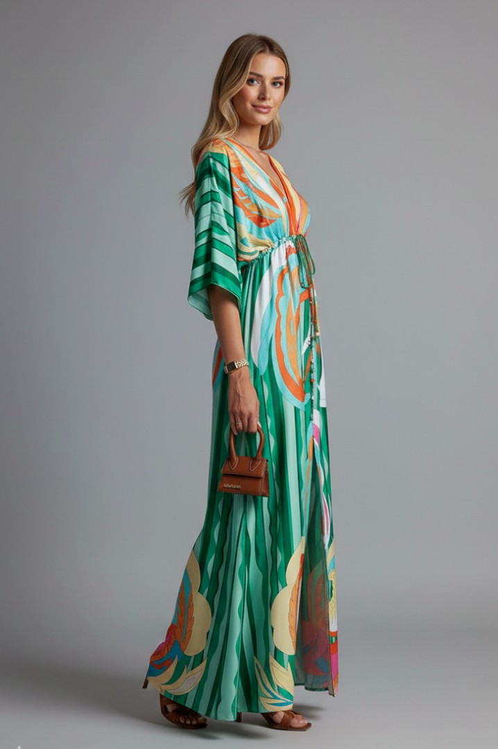 Geometric Satin Kimono Maxi Dress
