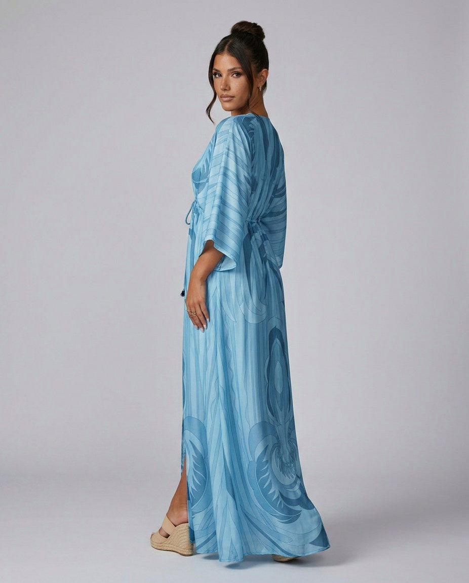 Geometric Satin Kimono Maxi Dress