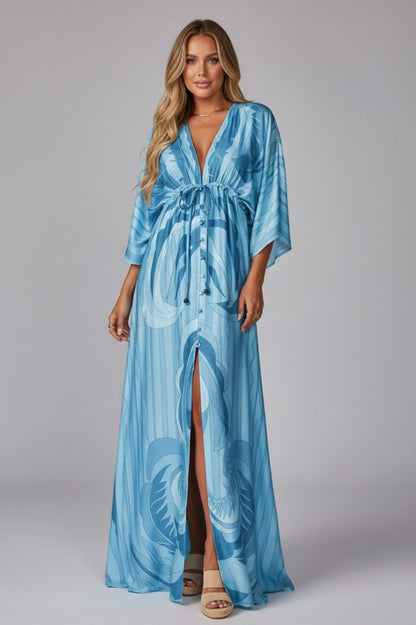 Geometric Satin Kimono Maxi Dress