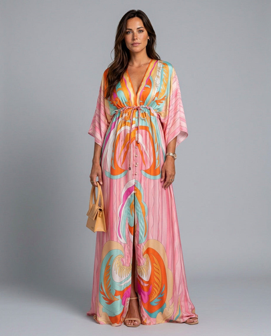 Geometric Satin Kimono Maxi Dress