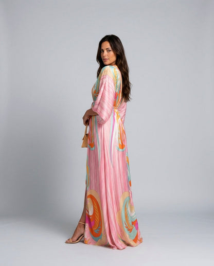 Geometric Satin Kimono Maxi Dress