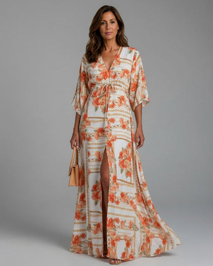 Geometric Satin Kimono Maxi Dress