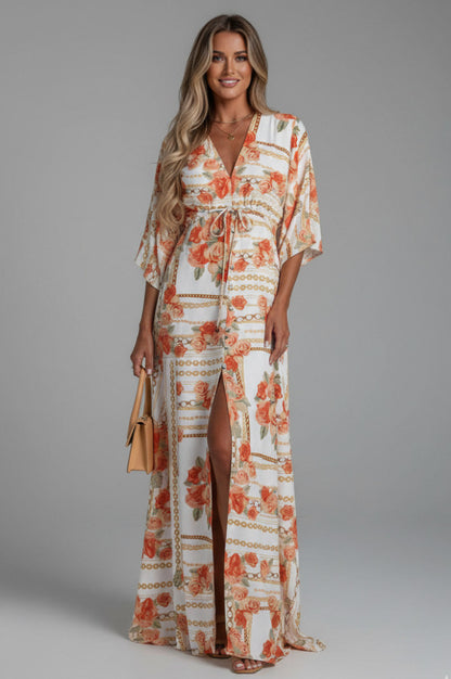 Geometric Satin Kimono Maxi Dress