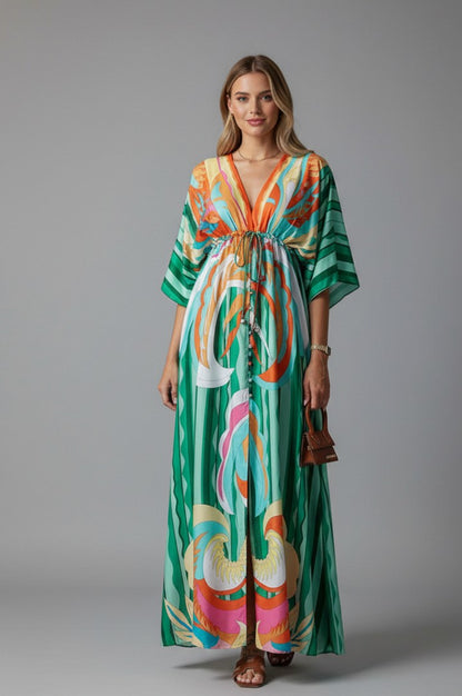 Geometric Satin Kimono Maxi Dress