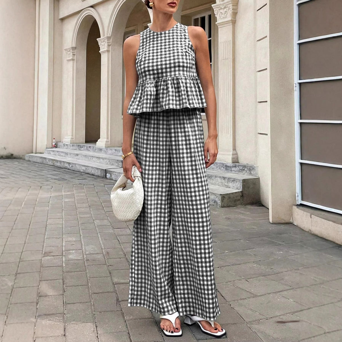 Gingham Peplum Wide Leg Set