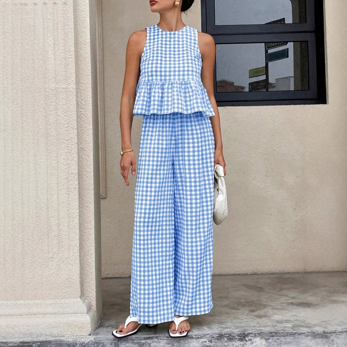 Gingham Peplum Wide Leg Set