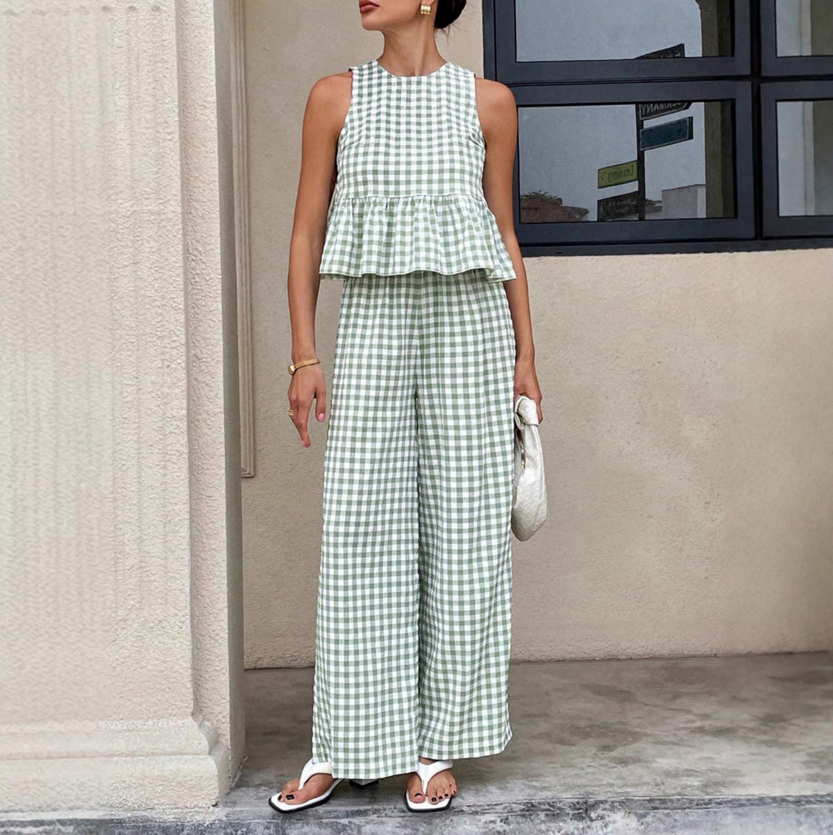 Gingham Peplum Wide Leg Set