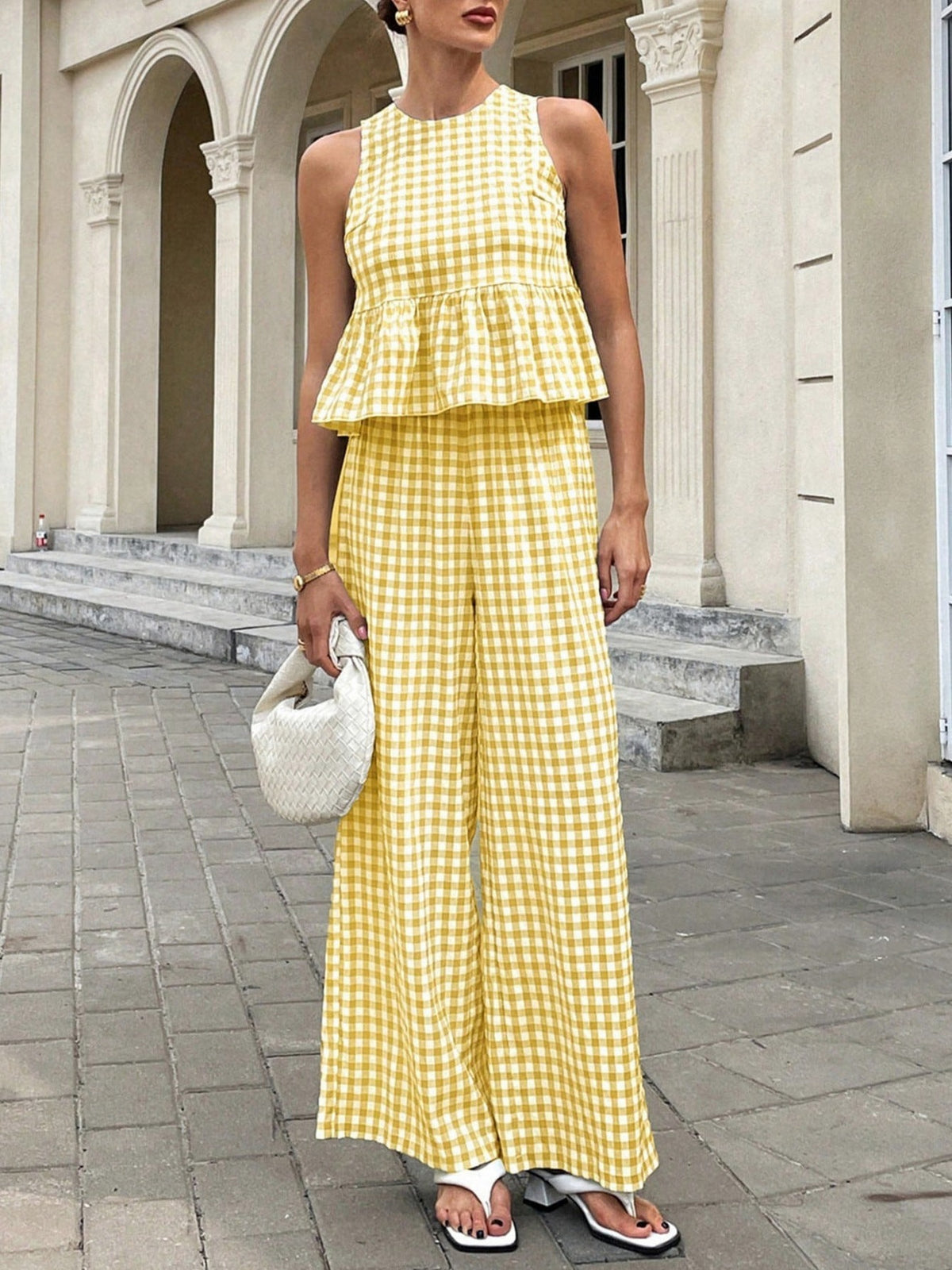 Gingham Peplum Wide Leg Set