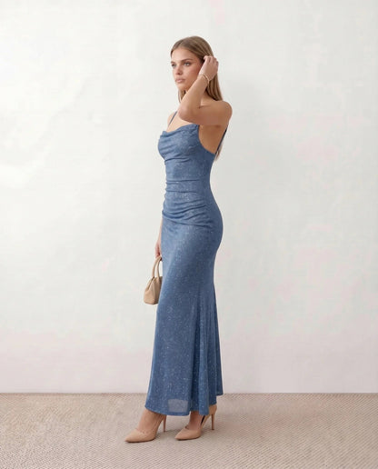 Glitter Ruched Cowl Maxi Dress