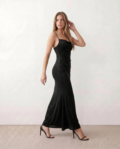 Glitter Ruched Cowl Maxi Dress