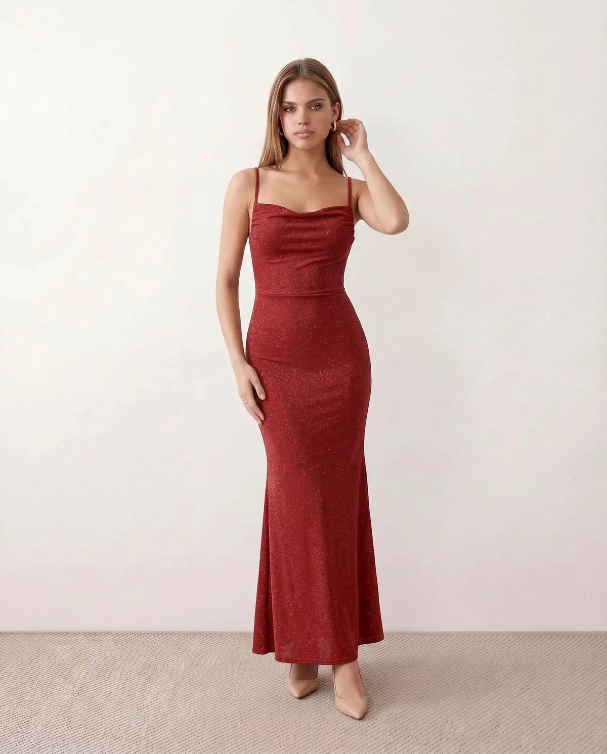 Glitter Ruched Cowl Maxi Dress