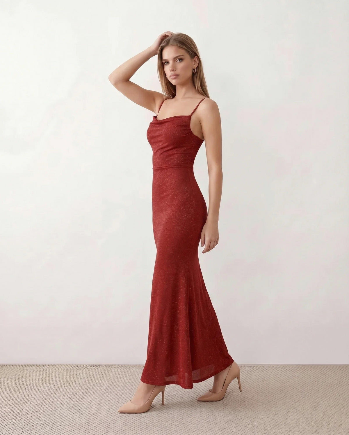 Glitter Ruched Cowl Maxi Dress